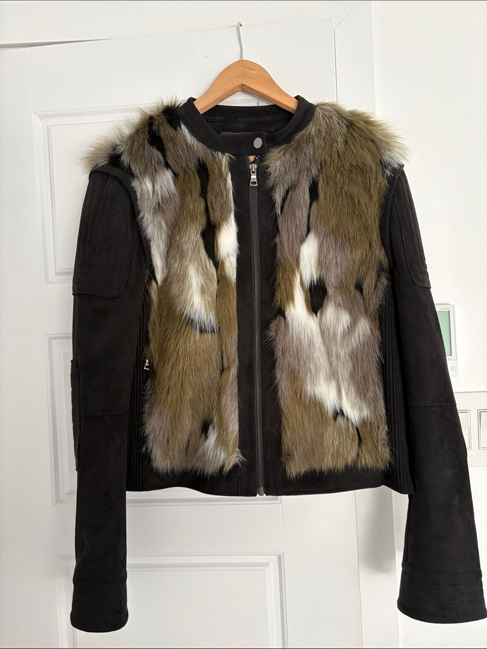 BCBGMaxAzria Black Suede Jacket with Olive and Gray Fur Panel